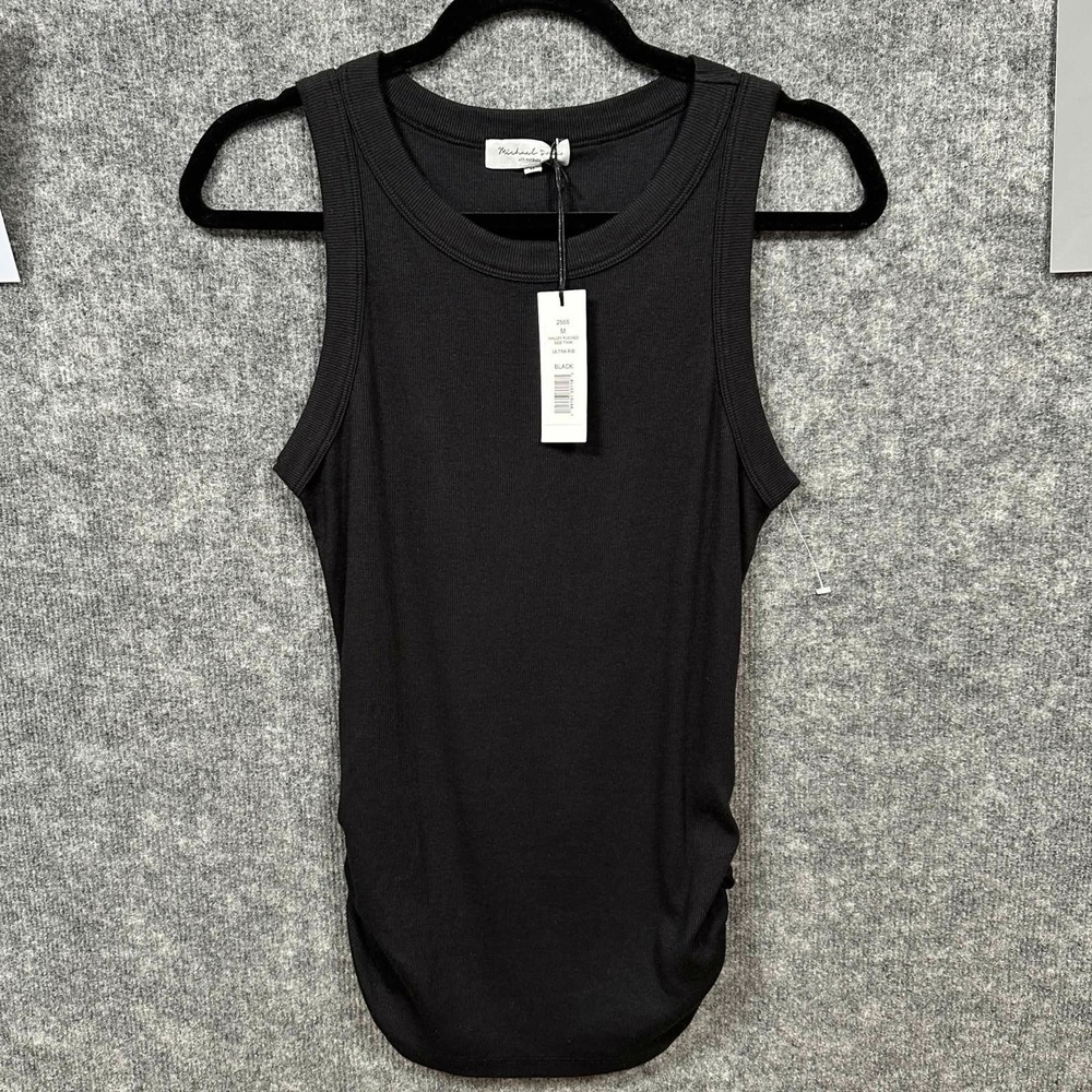 Michael Stars Halley Ruched Side Tank Black Soft Stretch Ultra Rib M USA NWT